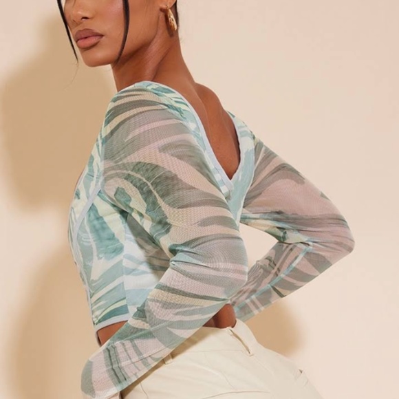 Green Abstract Printed Mesh Binding Detail Long Sleeve Corset - Picture 5 of 8